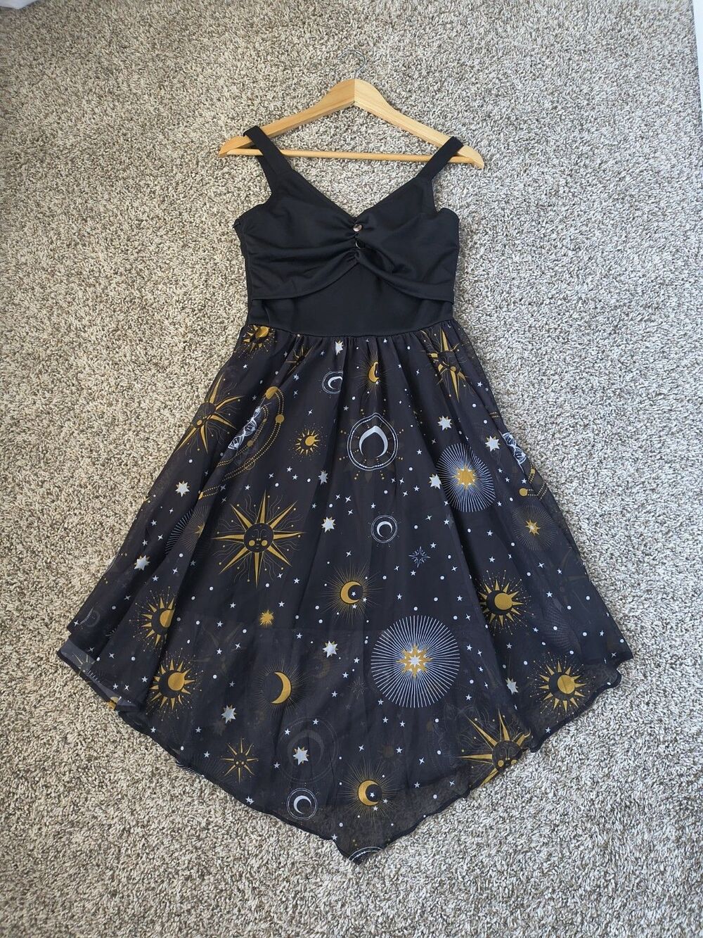 Moon Star Celestial Dress Women's S Mesh Fairycore Boho Fit & Flare Black